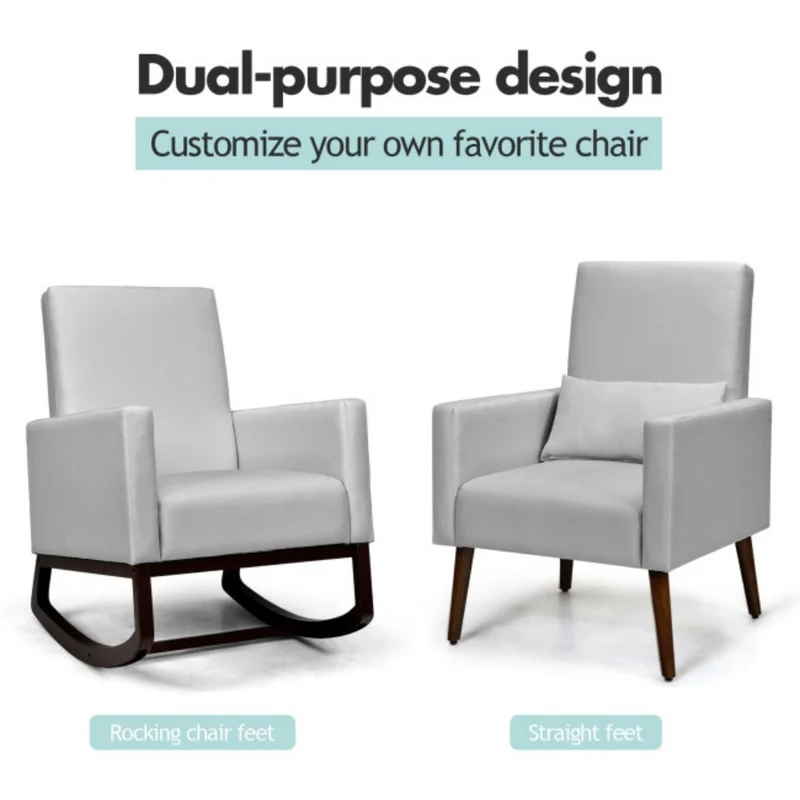 2-in-1 Wood Fabric Upholstered Patio Outdoor Rocking Chair in Light Gray with Cushion and Pillow