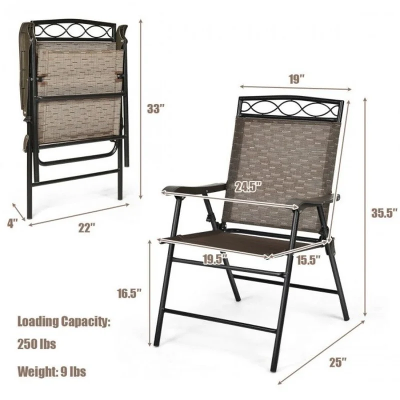 Patio Steel Frame Folding Chairs Portable Dining Outdoor Chair Set with Armrest (Set of 2)