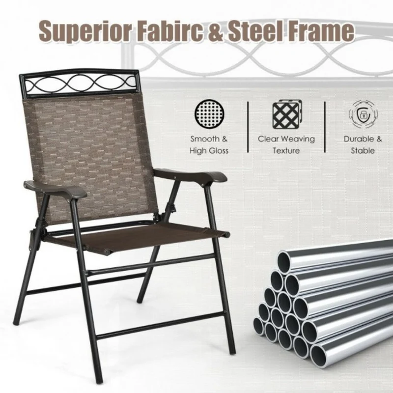 Patio Steel Frame Folding Chairs Portable Dining Outdoor Chair Set with Armrest (Set of 2)