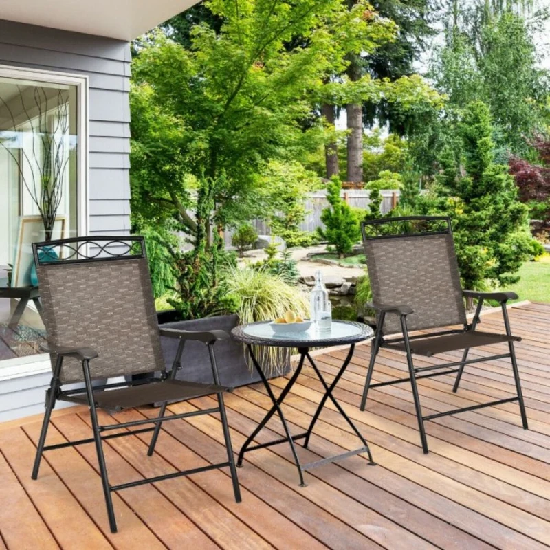 Patio Steel Frame Folding Chairs Portable Dining Outdoor Chair Set with Armrest (Set of 2)
