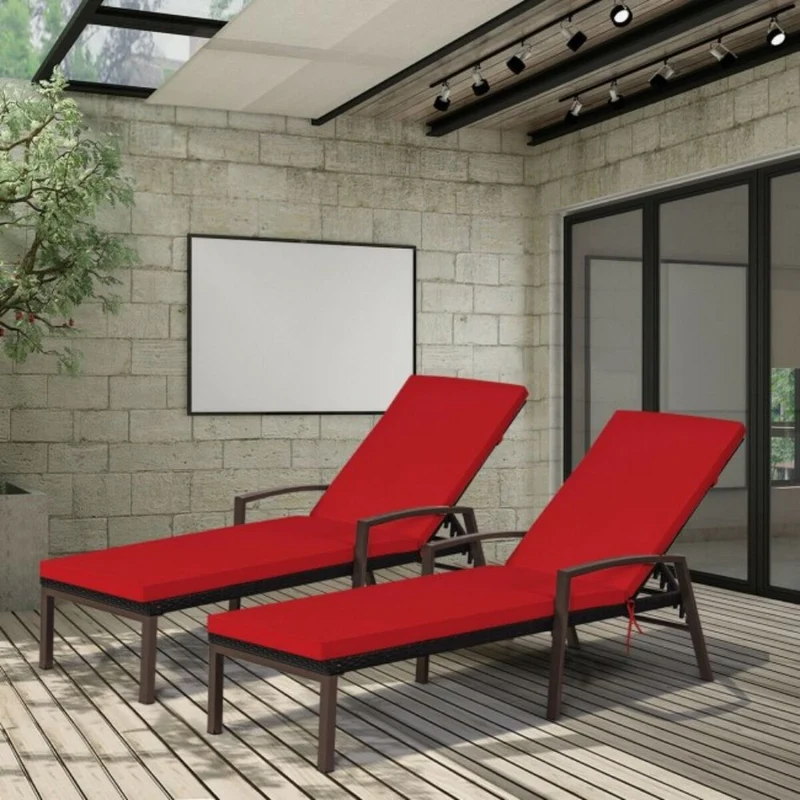 Brown Adjustable Metal Outdoor Lounge Chair in Red Cushion (Set of 2-Packs)