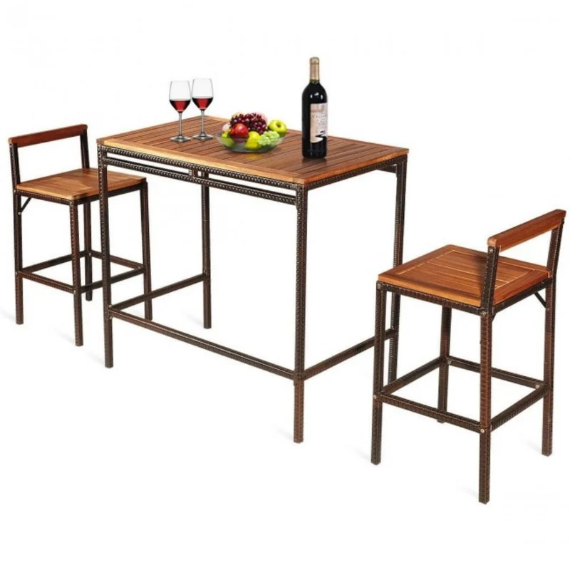 3-Piece Patio Rattan Wicker Outdoor Bar Dining Furniture Set