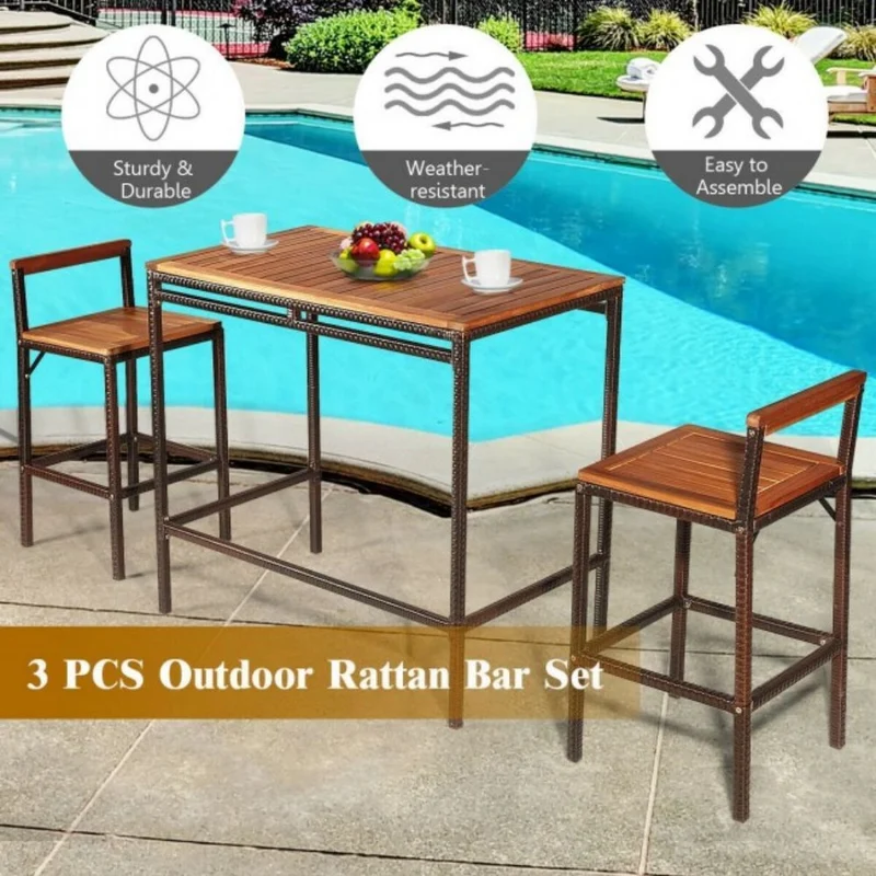 3-Piece Patio Rattan Wicker Outdoor Bar Dining Furniture Set