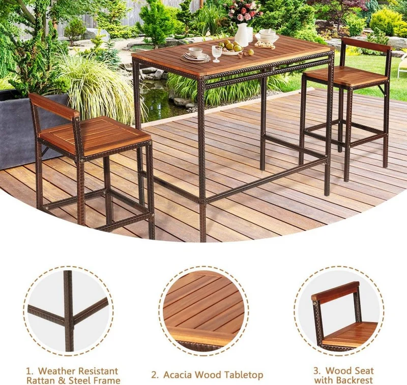 3-Piece Patio Rattan Wicker Outdoor Bar Dining Furniture Set