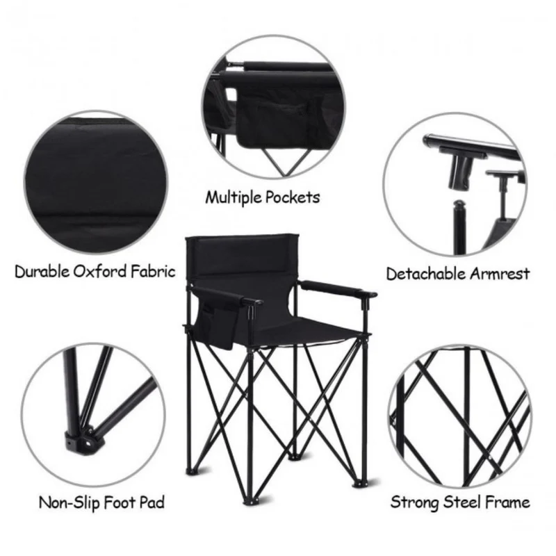 38 in. Oversized High Camping Portable Fishing Black Metal Folding Beach Chair