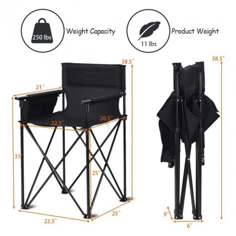 38 in. Oversized High Camping Portable Fishing Black Metal Folding Beach Chair