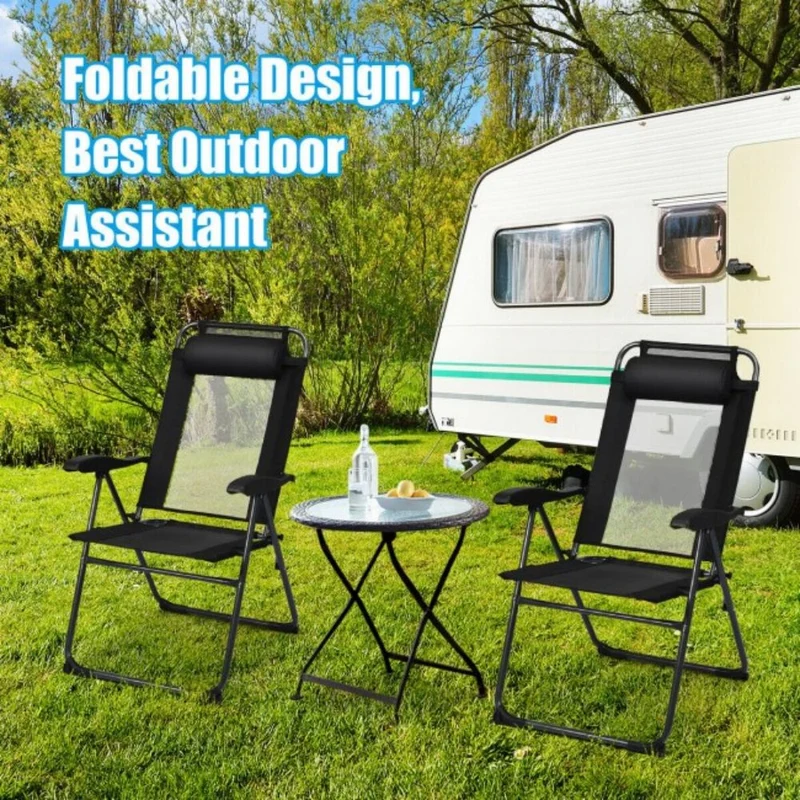 Black Patio Adjustable Folding Recliner Chairs with 7 Level Adjustable Backrest (2-Pack)