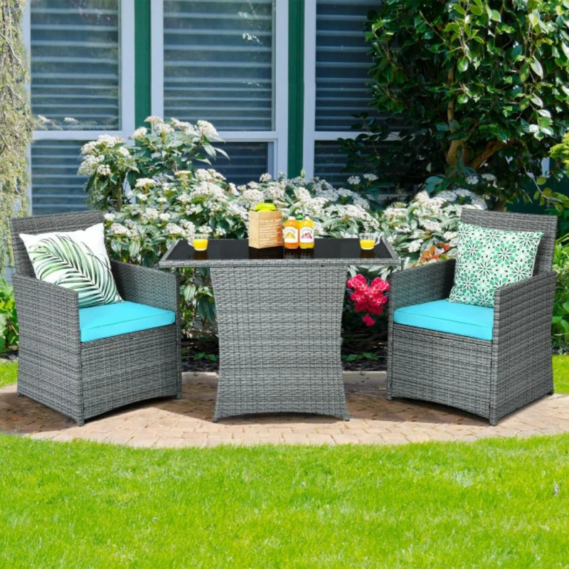 3-Piece Patio Rattan Wicker Outdoor Bistro Set Dining Table Set with Turquoise Cushions