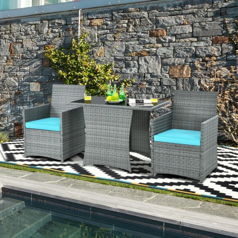 3-Piece Patio Rattan Wicker Outdoor Bistro Set Dining Table Set with Turquoise Cushions