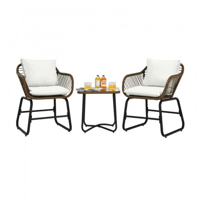 3-Piece Wicker Outdoor Bistro Bistro Set with White Cushion and Glass Table