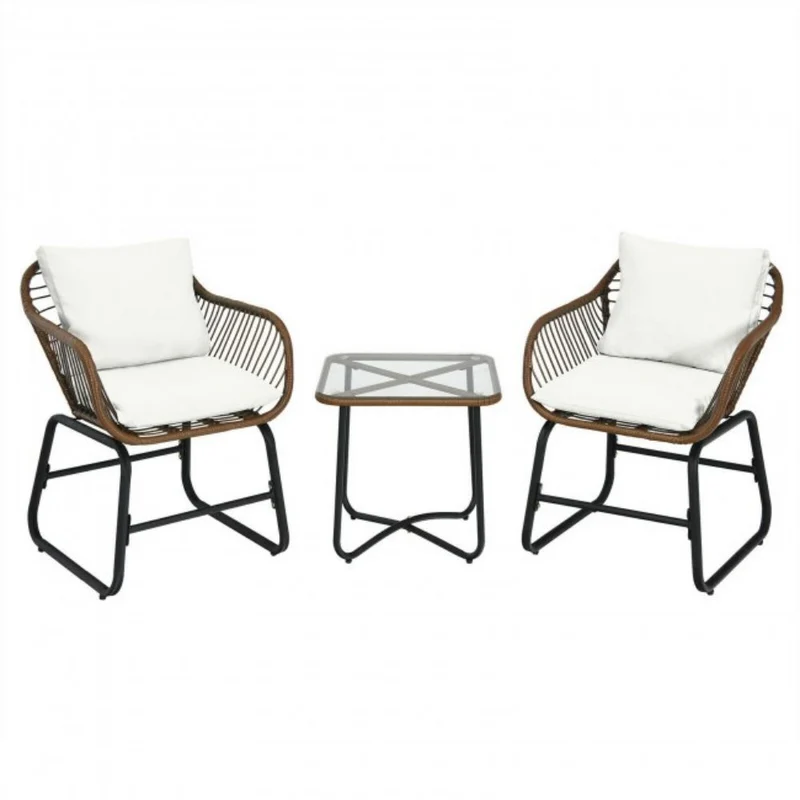 3-Piece Wicker Outdoor Bistro Bistro Set with White Cushion and Glass Table