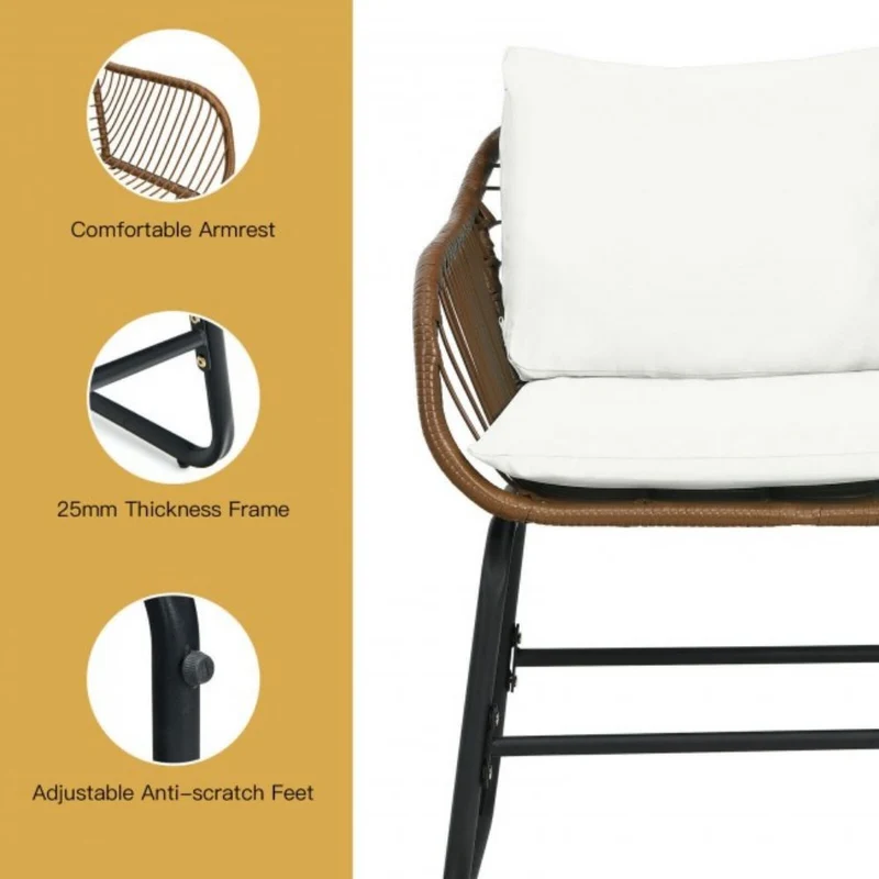 3-Piece Wicker Outdoor Bistro Bistro Set with White Cushion and Glass Table