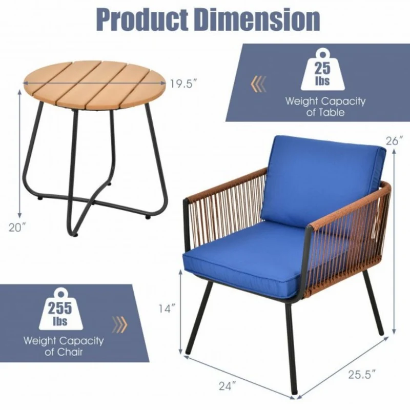 3-Piece Metal Outdoor Bistro Patio Furniture Set with Armrest and Blue Cushions