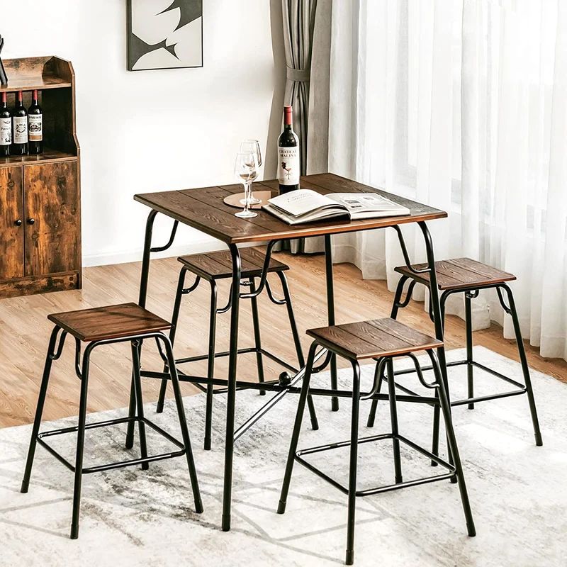 5-Piece Metal Outdoor Bar Table Set with 4 Counter Height Backless Stools