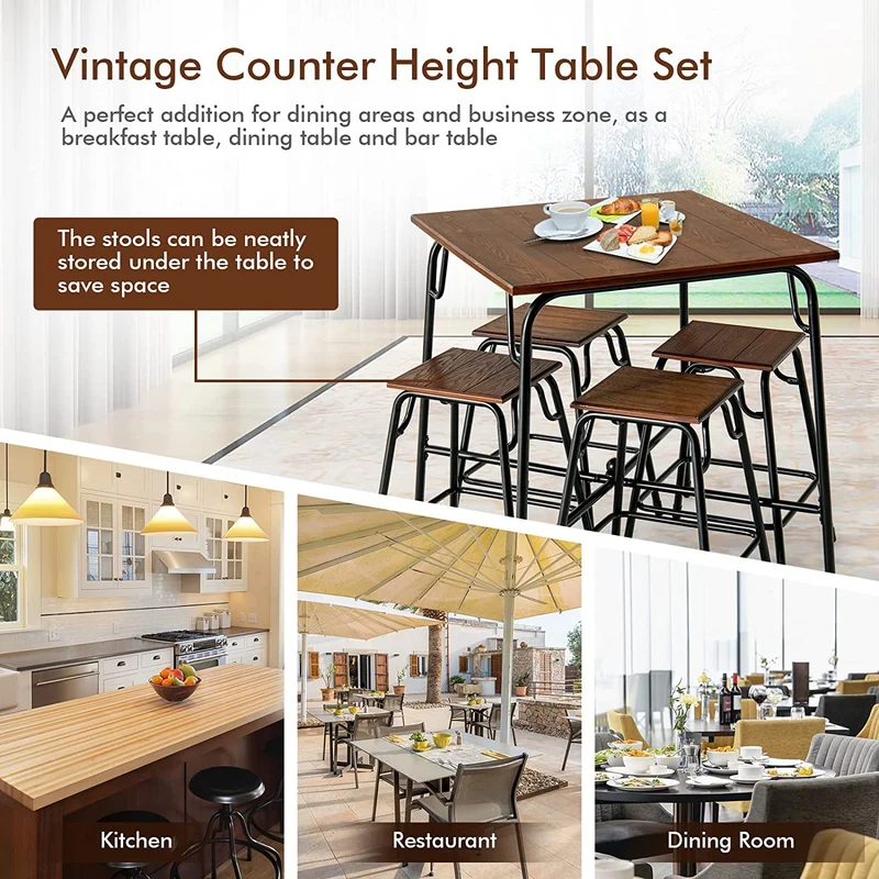 5-Piece Metal Outdoor Bar Table Set with 4 Counter Height Backless Stools