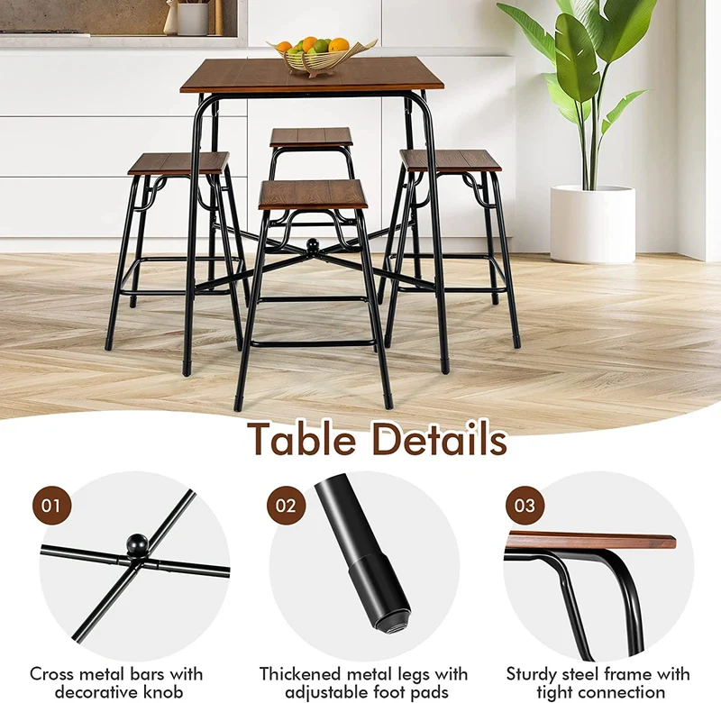 5-Piece Metal Outdoor Bar Table Set with 4 Counter Height Backless Stools
