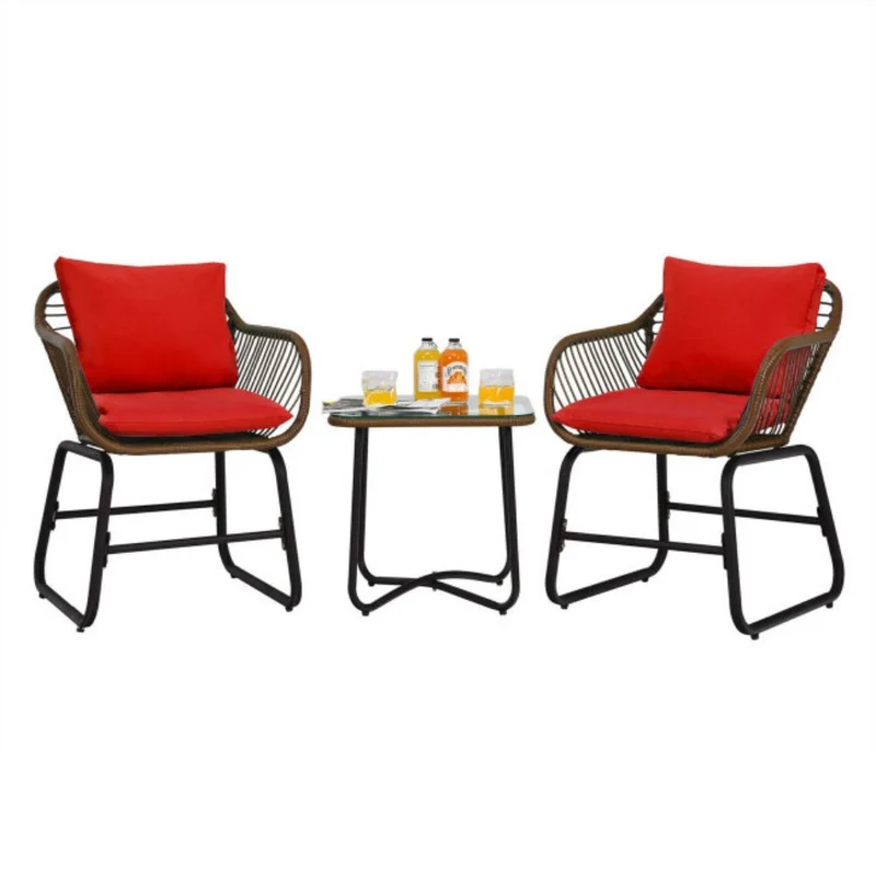 3-Piece Wicker Outdoor Bistro Bistro Set with Red Cushion and Glass Table