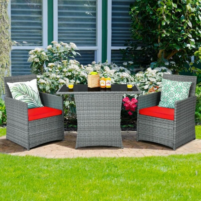 3-Piece Patio Rattan Wicker Outdoor Bistro Set Dining Table Set with Red Cushions