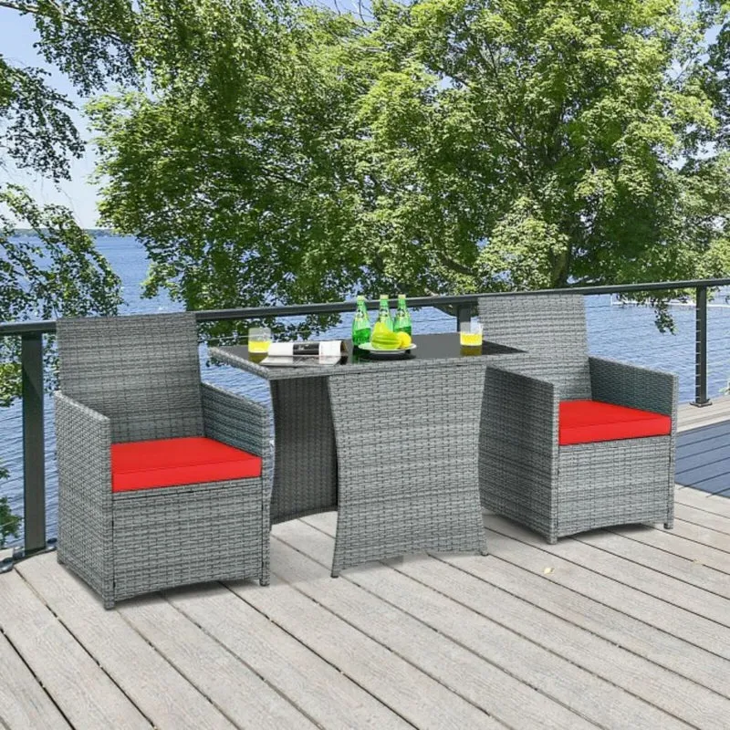 3-Piece Patio Rattan Wicker Outdoor Bistro Set Dining Table Set with Red Cushions