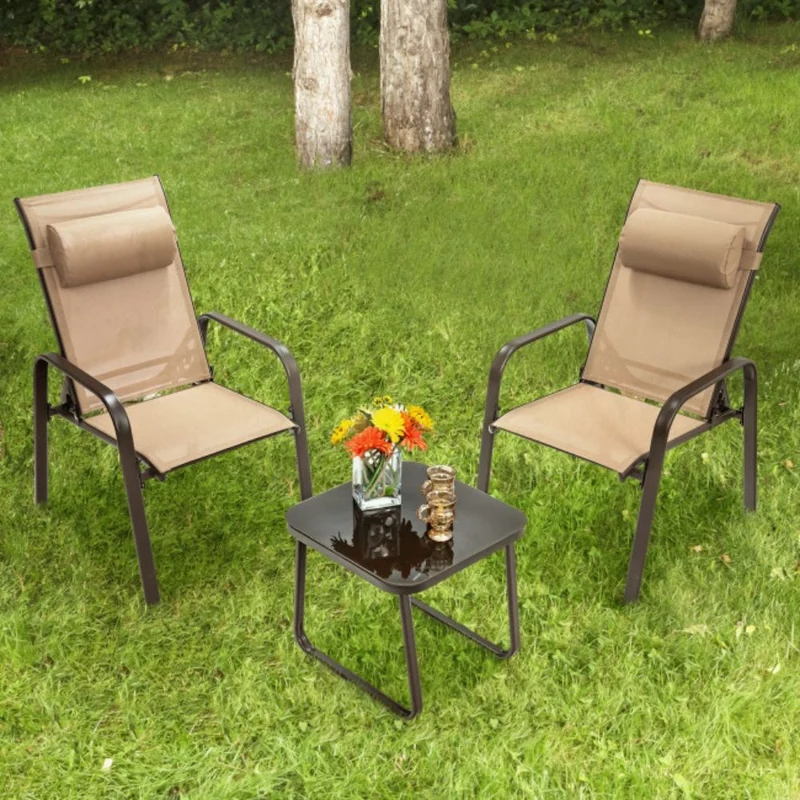 Brown 3-Pieces Metal Stackable Outdoor Patio Bistro Conversation Set with Adjustable Backrest