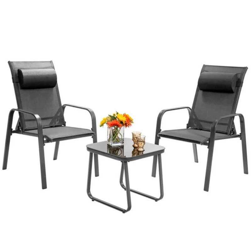 Gray 3-Pieces Metal Stackable Outdoor Patio Bistro Conversation Set with Adjustable Backrest