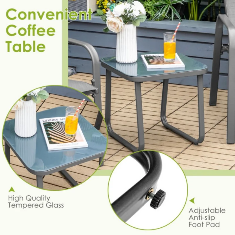 Gray 3-Pieces Metal Stackable Outdoor Patio Bistro Conversation Set with Adjustable Backrest