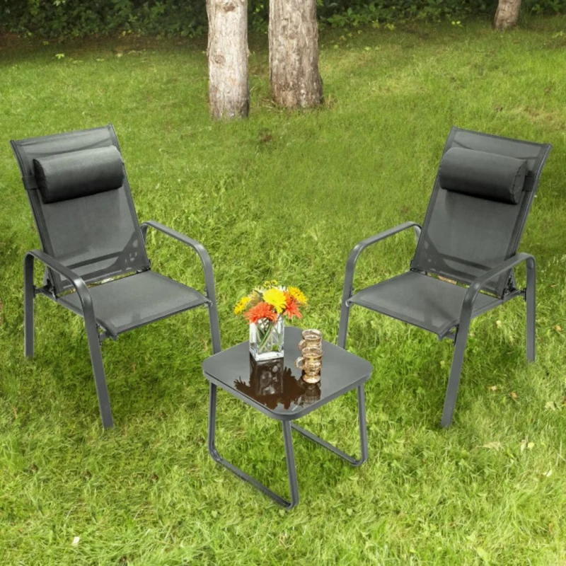 Gray 3-Pieces Metal Stackable Outdoor Patio Bistro Conversation Set with Adjustable Backrest