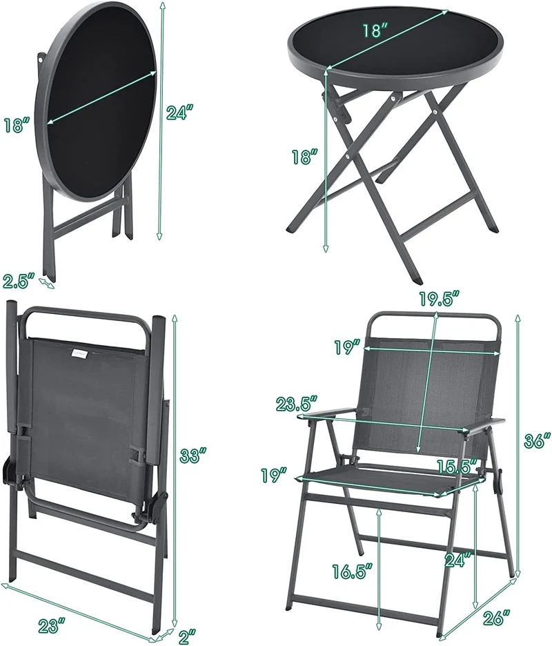 Gray 3-Pieces Metal Patio Outdoor Set with Folding Table and Chairs