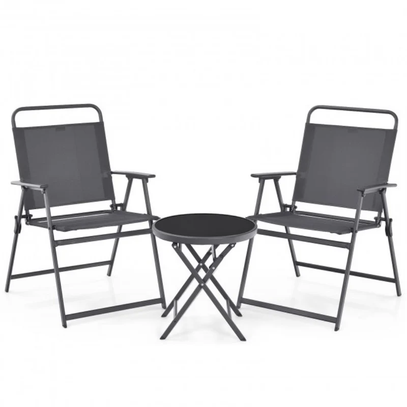 Gray 3-Pieces Metal Patio Outdoor Set with Folding Table and Chairs