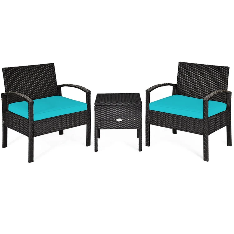 3-Piece Wicker Patio Conversation Set with Turquoise Cushions