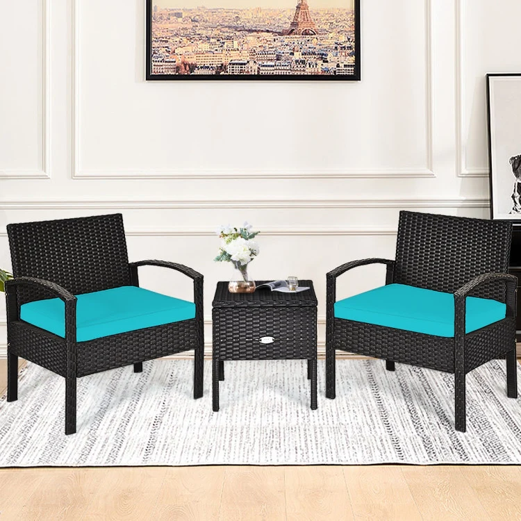 3-Piece Wicker Patio Conversation Set with Turquoise Cushions