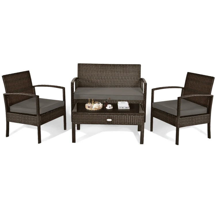 4-Pieces Rattan Wicker Patio Conversation Set with Gray Cushions