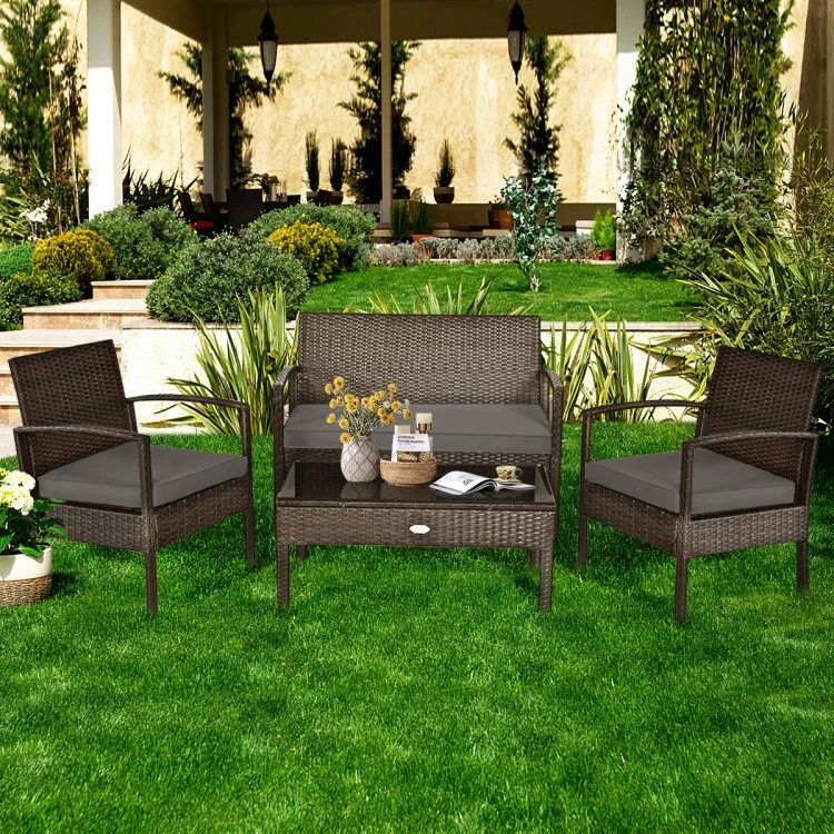 4-Pieces Rattan Wicker Patio Conversation Set with Gray Cushions