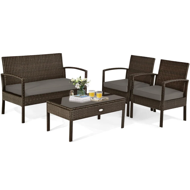 4-Pieces Rattan Wicker Patio Conversation Set with Gray Cushions
