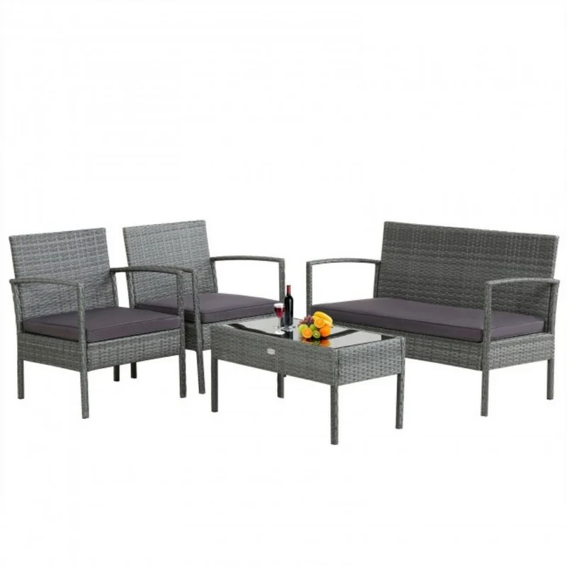 4-Pieces Rattan Outdoor Conversation Set with Purple Cushion