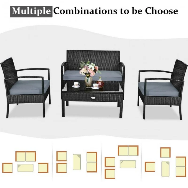 4-Pieces Rattan Wicker Patio Conversation Set with Black Cushions