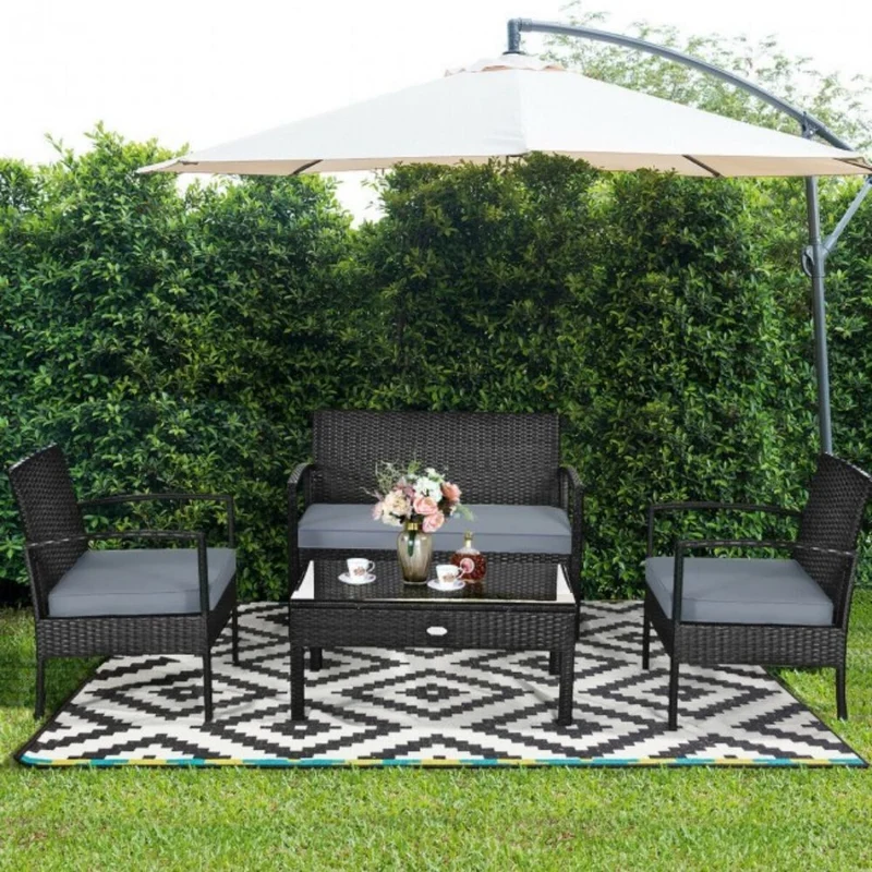 4-Pieces Rattan Wicker Patio Conversation Set with Black Cushions
