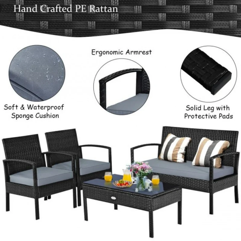 4-Pieces Rattan Wicker Patio Conversation Set with Black Cushions