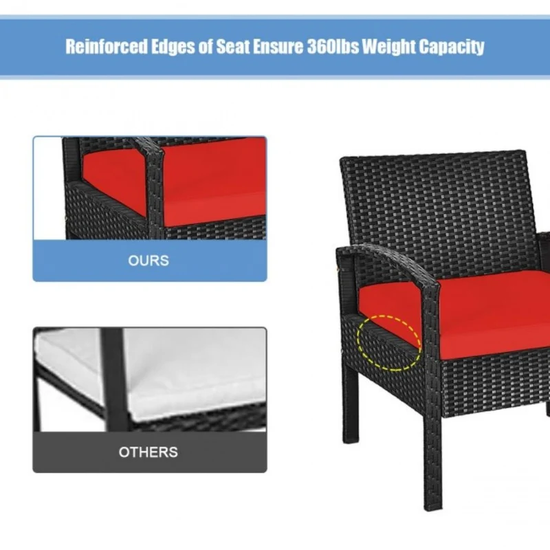 3-Piece Wicker Patio Conversation Set with Red Cushions