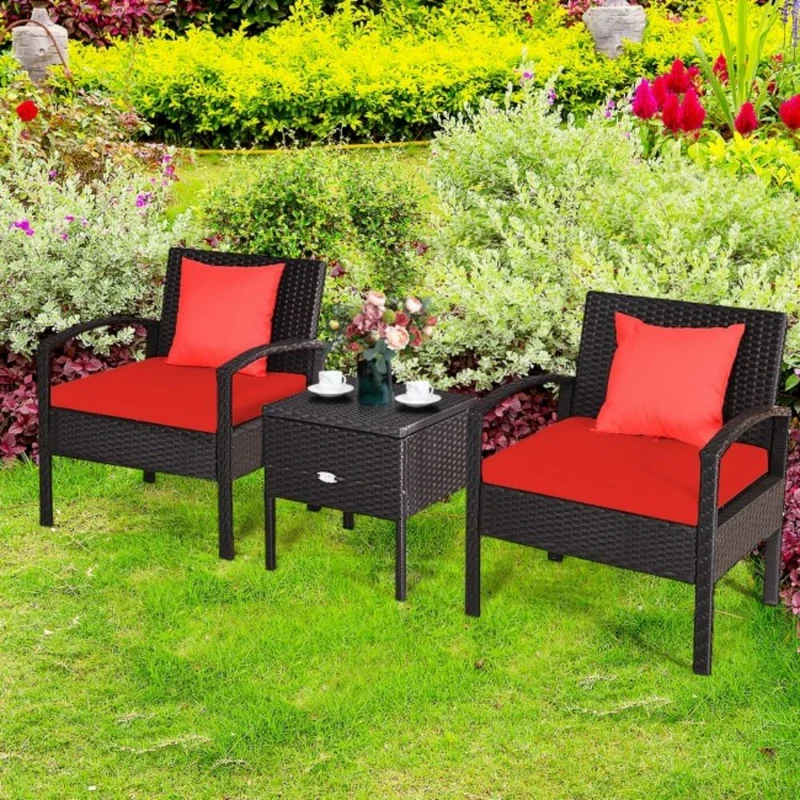 3-Piece Wicker Patio Conversation Set with Red Cushions