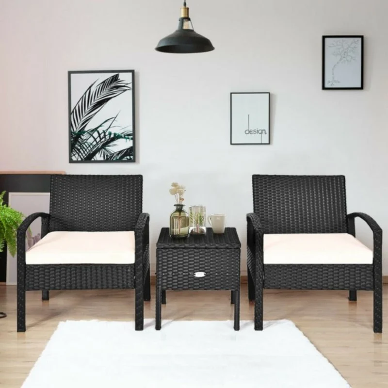 3-Piece Wicker Patio Conversation Set with White Cushions