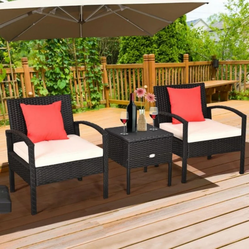 3-Piece Wicker Patio Conversation Set with White Cushions