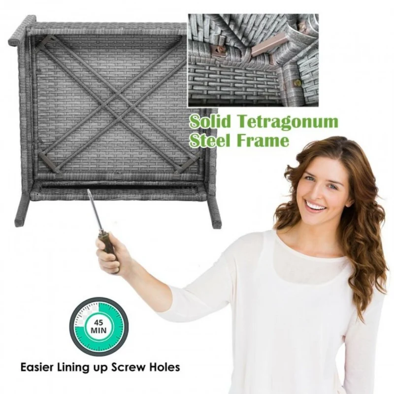 4-Piece Rattan Patio Conversation Furniture Set with Acacia Wood Tabletop and Gray Cushions