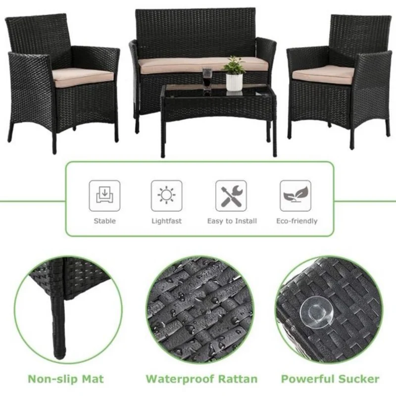 4-Piece Rattan Outdoor Conversation Seating Set with Beige Cushion and Patio Tempered Glass Table