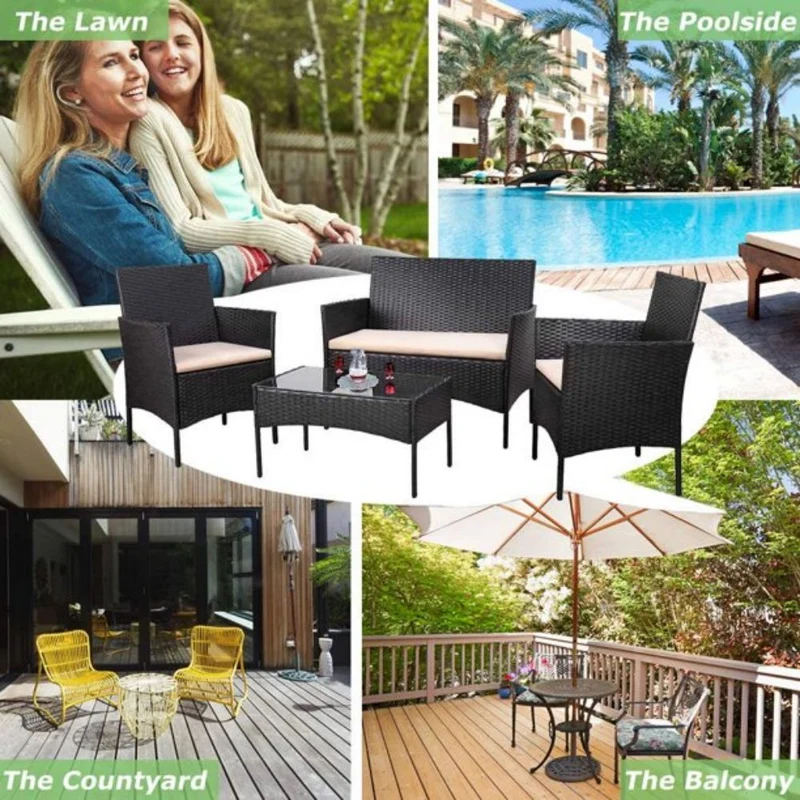 4-Piece Rattan Outdoor Conversation Seating Set with Beige Cushion and Patio Tempered Glass Table