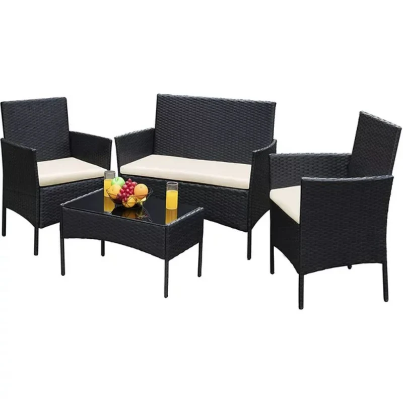 4-Piece Rattan Outdoor Conversation Seating Set with Beige Cushion and Patio Tempered Glass Table