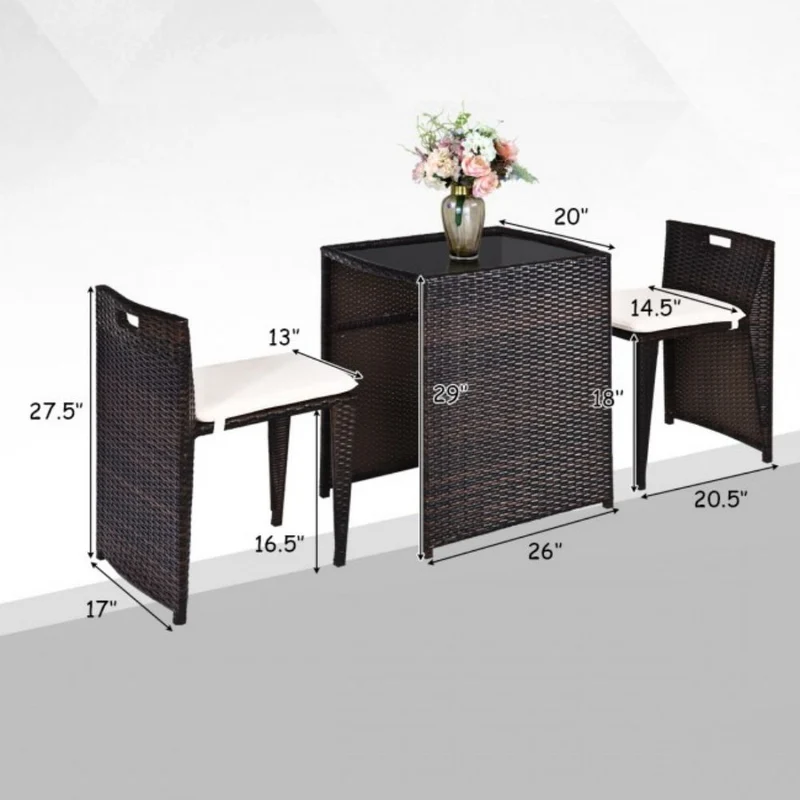 3-Pieces Wicker Patio Outdoor Chair and Table Set with Beige Cushions