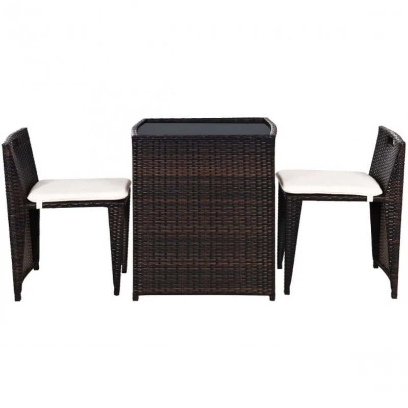 3-Pieces Wicker Patio Outdoor Chair and Table Set with Beige Cushions