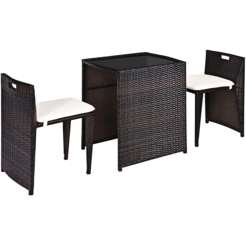 3-Pieces Wicker Patio Outdoor Chair and Table Set with Beige Cushions
