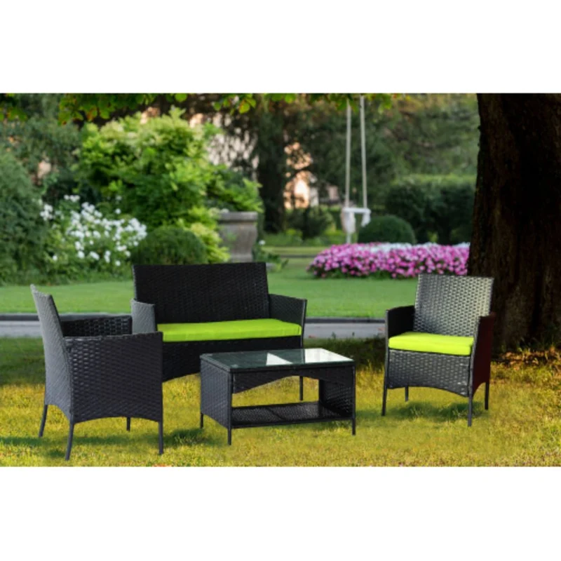 4-Piece Outdoor Wicker Conversation Furniture Set with Green Cushions and Tempered Glass Table